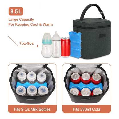 Mancro Breastmilk Cooler Bag with Ice Pack, Fits 6 Baby Bottles Up to 9 Ounce Insulated Baby Bottle Bag, Breast Milk Cooler on The go with Strap, Bottle Storage Bag for Nursing Mom Daycare, Black
