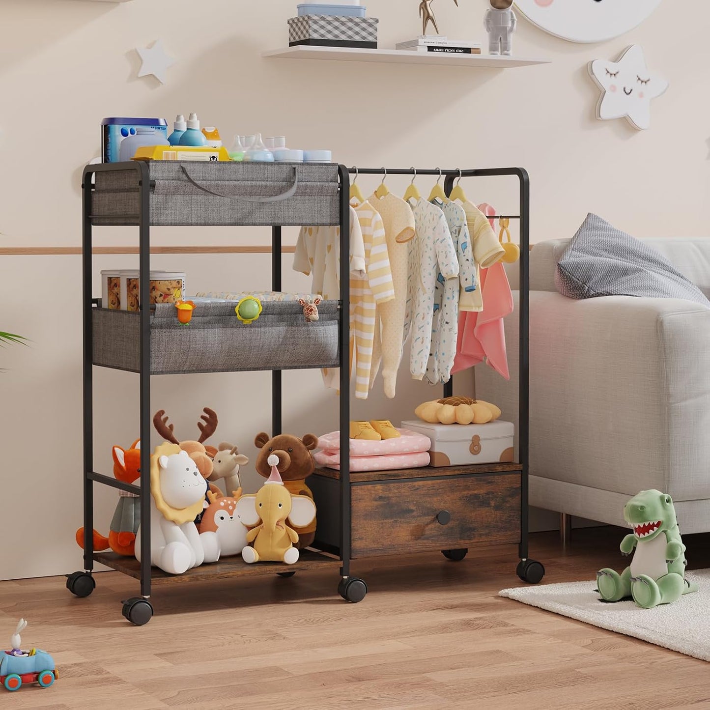 BBLIKE 3in1 Diaper Caddy Organizer - Diaper Caddy & Rolling Diaper Cart with Kids Clothing Rack for Nursery and Baby Essentials, Multi-Function Utility Cart for Bedroom and Bathroom, White