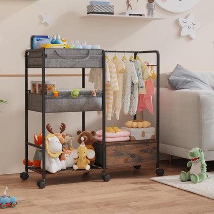 BBLIKE 3in1 Diaper Caddy Organizer - Diaper Caddy & Rolling Diaper Cart with Kids Clothing Rack for Nursery and Baby Essentials, Multi-Function Utility Cart for Bedroom and Bathroom, White