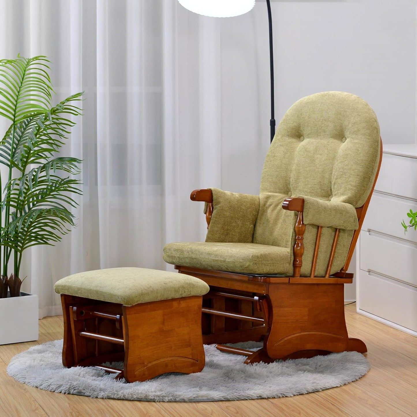 Rustic Rubber Wood Glider and Ottoman Set, Nursery Glider Chair for Breastfeeding and Relaxing, Comfortable Rocking Chair for Living Room and Bedroom（Tan）