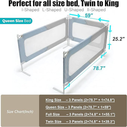 Queen Size Baby Bed Rail Guard – Extra Tall Safety Bedside Rail with Headboard Rod for Toddlers, Adjustable No-Gap Design, 3 Panels (2×78.7″ + 1×59″), Gray & Light Blue