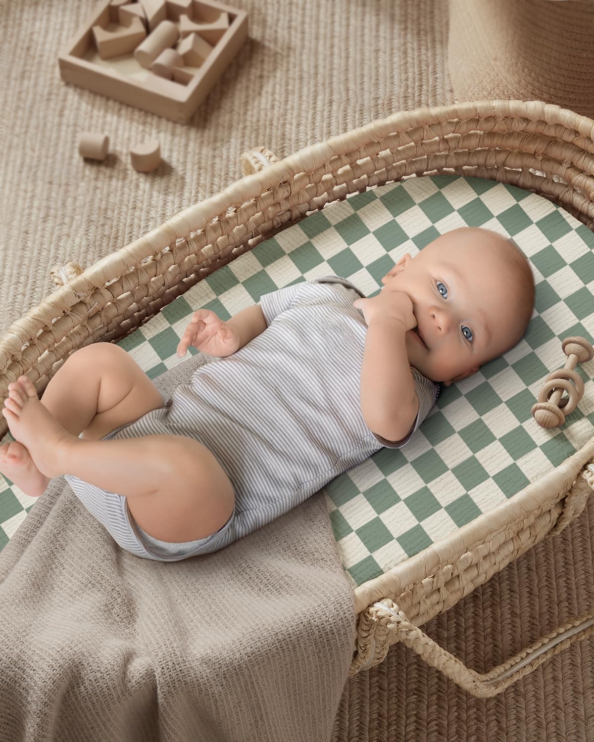 Blissful Diary Muslin Bassinet Sheets for Baby Girls Boys, Boho Soft Cotton Fitted for Oval Hourglass Rectangle Mattress, 2 Pack(Sunshine&Brown)
