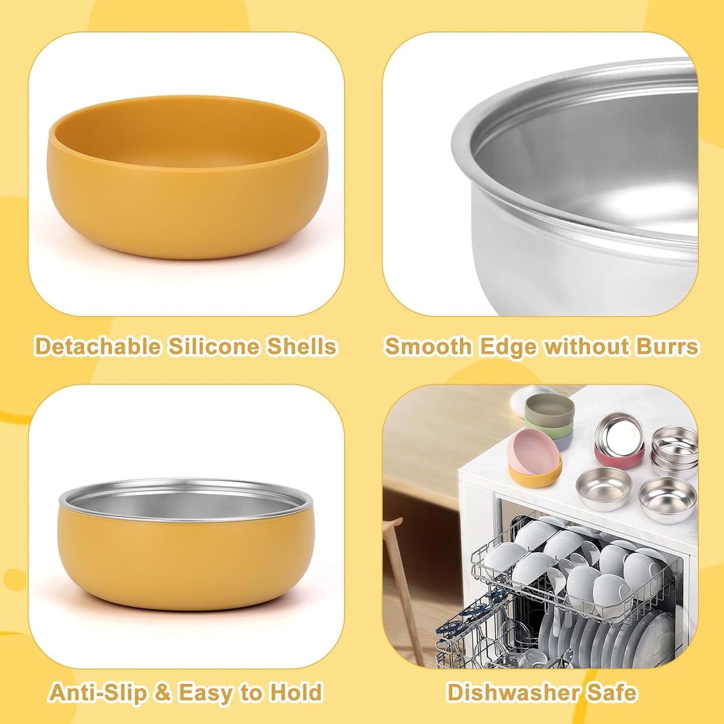 ShineMe Stainless Steel Bowls, 6 pack Snack Containers with Removable Colorful Silicone Sleeves, Unbreakable Kids Bowls for Icecream, Soup, Cereal, Yogurt...