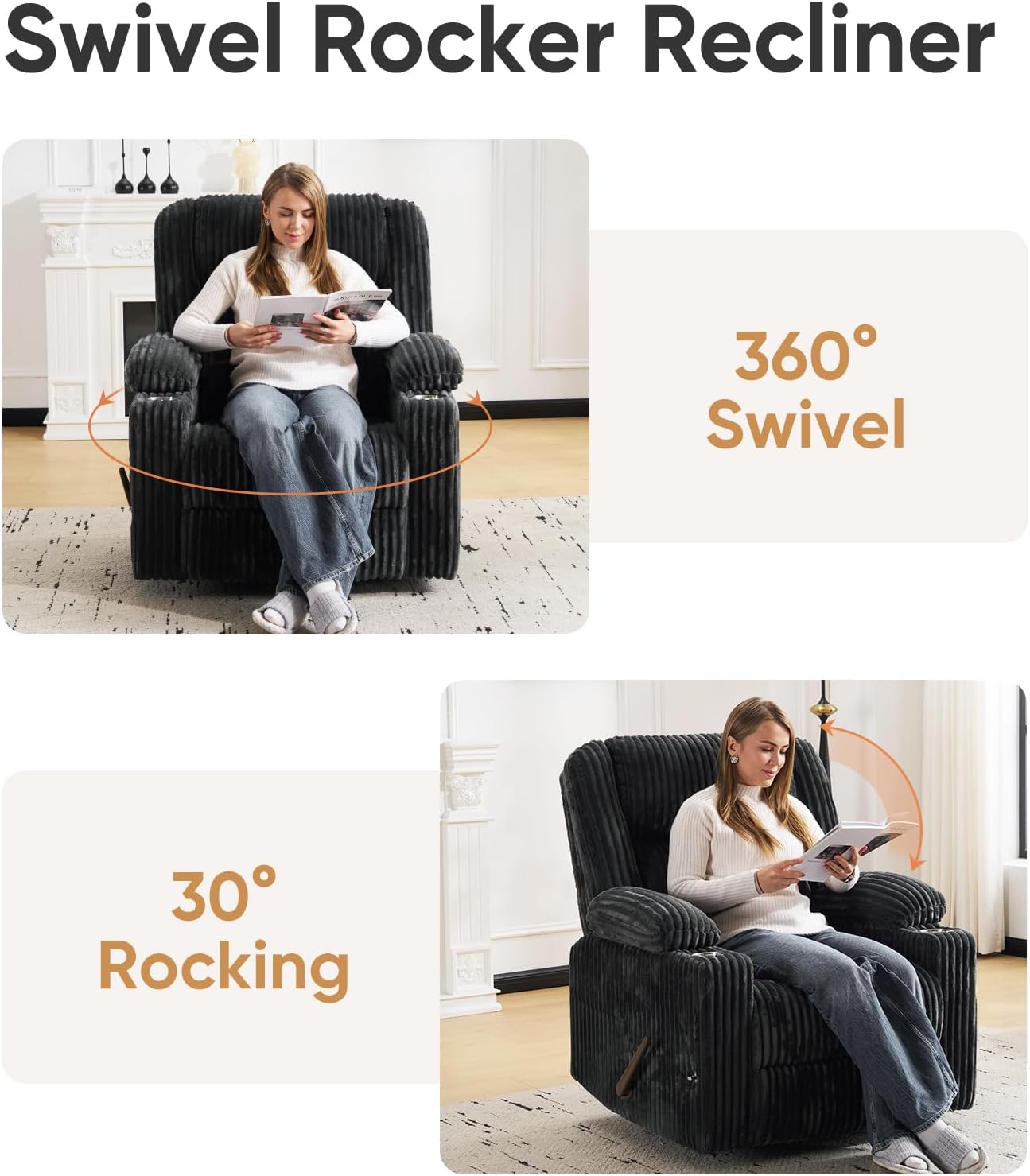 Oversized Power Recliner Chair with Massage and Heat, Swivel Rocker Recliner Chair for Adults with Arm Storage, Nursery Glider Recliner with Adjustable Headrest and Phone Stand, Side Pockets, Beige