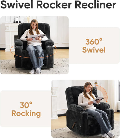 Oversized Power Recliner Chair with Massage and Heat, Swivel Rocker Recliner Chair for Adults with Arm Storage, Nursery Glider Recliner with Adjustable Headrest and Phone Stand, Side Pockets, Beige