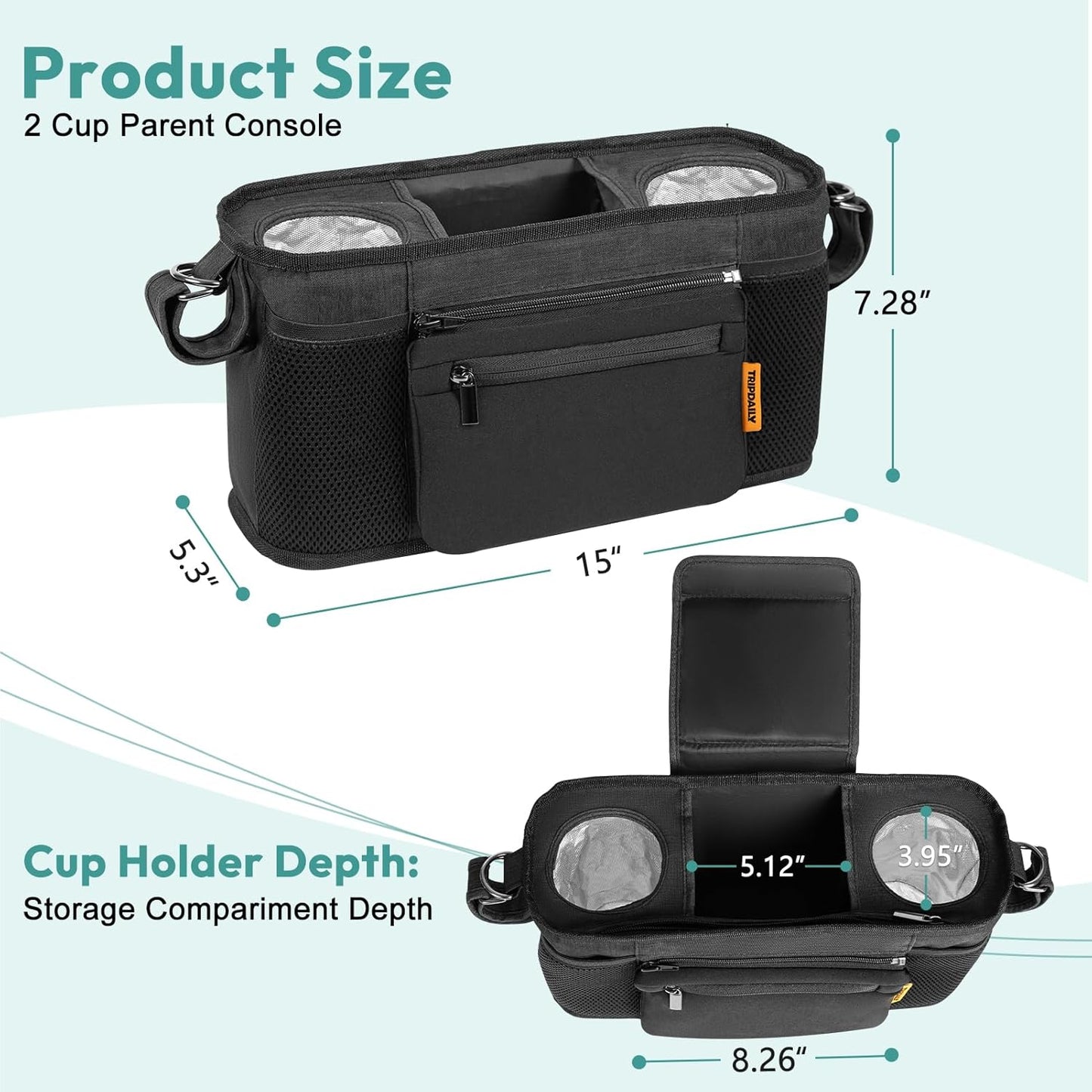 Parent Console Fits for Wonderfold W2&X2, Wagon Stroller Organizer with 2 Insulated Cup Holders, Multiple Storage Pockets, Detachable Pouch, Removable Shoulder Strap, Essential of Family