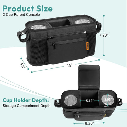 Parent Console Fits for Wonderfold W2&X2, Wagon Stroller Organizer with 2 Insulated Cup Holders, Multiple Storage Pockets, Detachable Pouch, Removable Shoulder Strap, Essential of Family