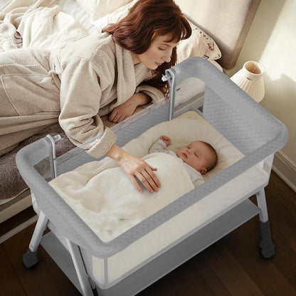 Baby Bassinet, 3-in-1 Baby Bassinets Bedside Sleeper for Newborn with Breathable Mesh, Portable Baby Crib with 4- Adjustable Height, Mattress, Storage Basket & Lockable Wheels, CPSC Beige