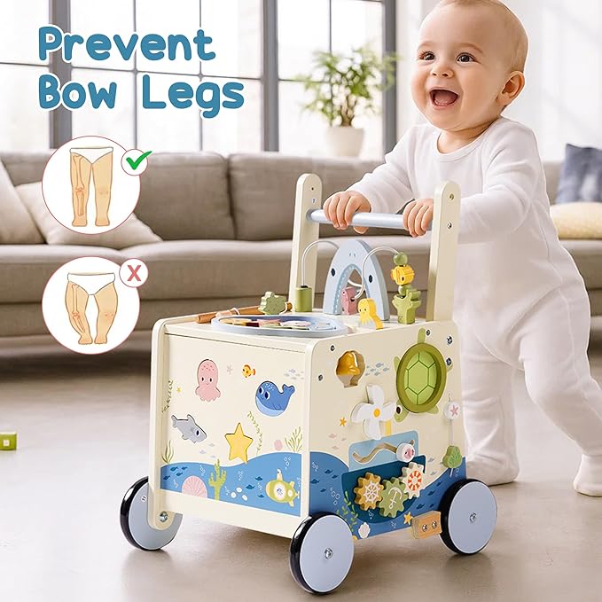 Wooden Baby Walker Push Toy for Toddlers 10M+ | Adjustable Height & Speed Control | Montessori Activity Center with Fishing Game, Music, Storage | Ocean World Theme Learning Walking Toy