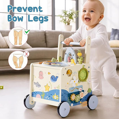 Wooden Baby Walker Push Toy for Toddlers 10M+ | Adjustable Height & Speed Control | Montessori Activity Center with Fishing Game, Music, Storage | Ocean World Theme Learning Walking Toy