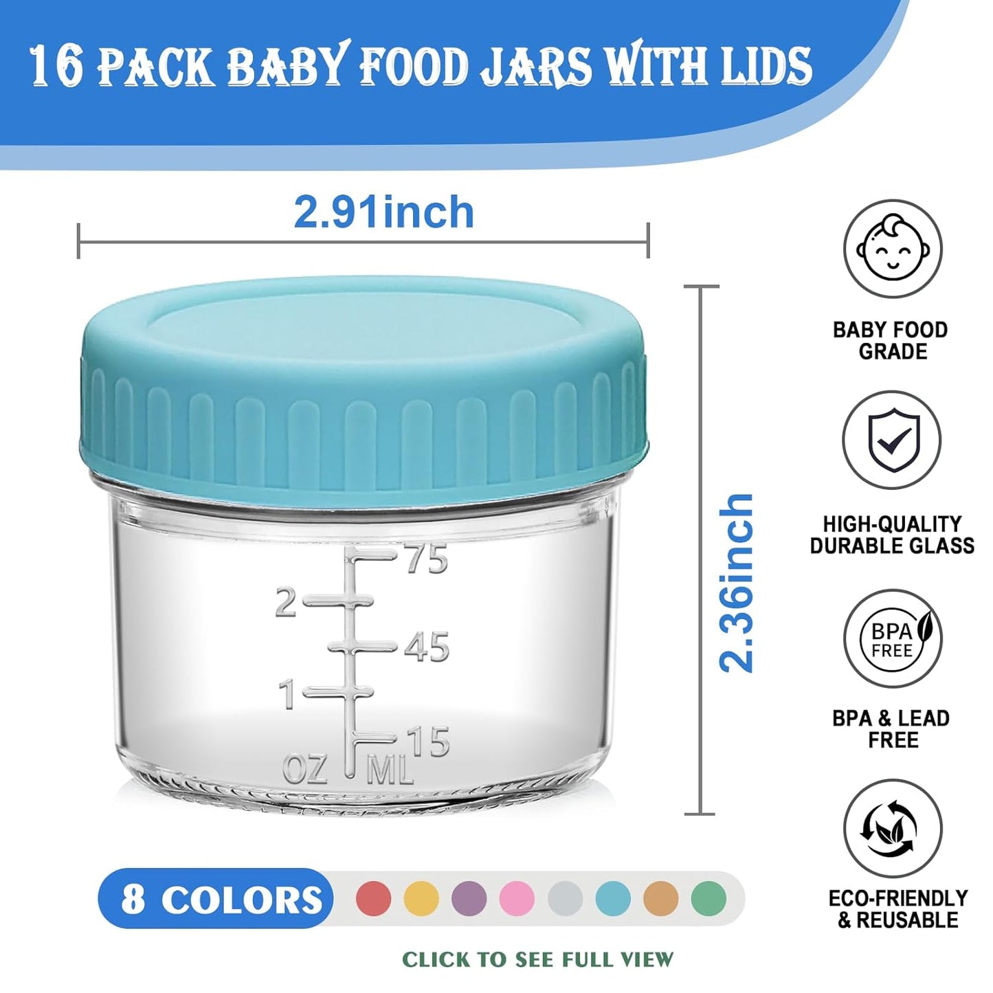 Accguan 16 Pack Glass Baby Food Storage Containers, 4 oz Baby Food Jars with Lids, Baby Food Maker for Microwave & Dishwasher Freezer Safe,BPA Free