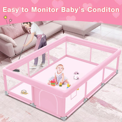 Pink Baby Playpen 50x50 Inches Playpen for Little Princess Play Yards Indoor & Outdoor Sturdy Safety Baby Girls Play Pen with Soft Breathable Mesh Toddlers Activity Center with Anti-Slip Base