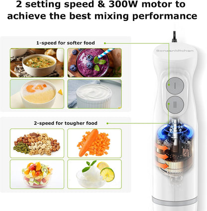 Bonsenkitchen Hand Blender, Immersion Blender with 2 Mixing Speed, Electric Handheld Mixer Portable Stick Mixer with Stainless Steel Blades for Soup, Smoothie, Puree, Baby Food