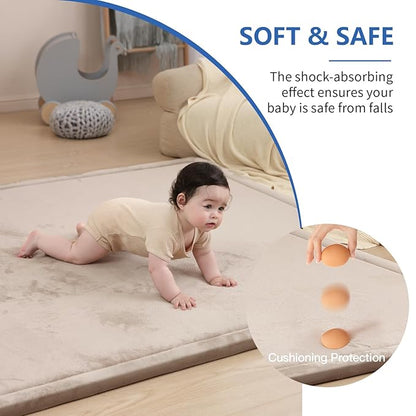 Huloo Sleep Baby Play Mat for Floor,1.3" Thick Elasti-Foam 50x50 Playpen Mat for Toddlers Infant Kids,Water-Repellent Soft Coral Velvet Tummy Time Mat,Non Slip Crawling Mat,Tatami Mat(Beige)