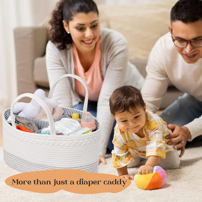 luxury little Diaper Caddy Organizer, Large Cotton Rope Nursery Baby Basket, Changing Table Organizer for Baby Diaper Storage, Portable Car Organizer Removable Divider (Off White, Large)