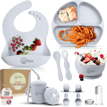 O'doe 17-Piece BPA-Free Silicone Baby Feeding Set | Thick & Soft Suction Plates, Baby Bowls, Wooden Fork & Spoon, and More | Make Mealtime Fun and Easy for Your Little One (Purple, V2)