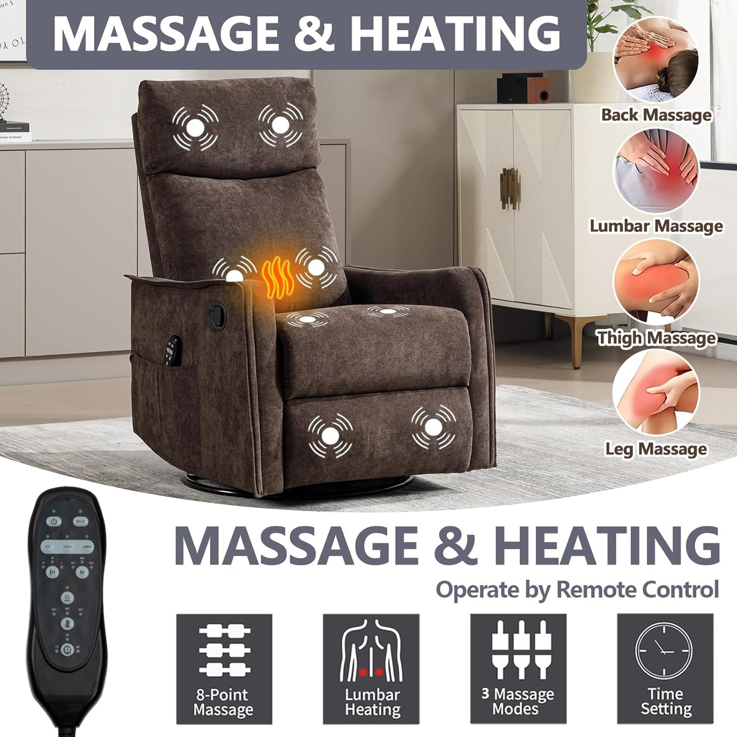 Massage Chair Recliner with Heat, Swivel Rocking Chair Recliner with High Back, Manual Nursery Recliners for Adults,Small Recliner Chair for Small Spaces, Living Room Bedroom, Fabric (Blue Green)