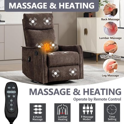 Massage Chair Recliner with Heat, Swivel Rocking Chair Recliner with High Back, Manual Nursery Recliners for Adults,Small Recliner Chair for Small Spaces, Living Room Bedroom, Fabric (Blue Green)
