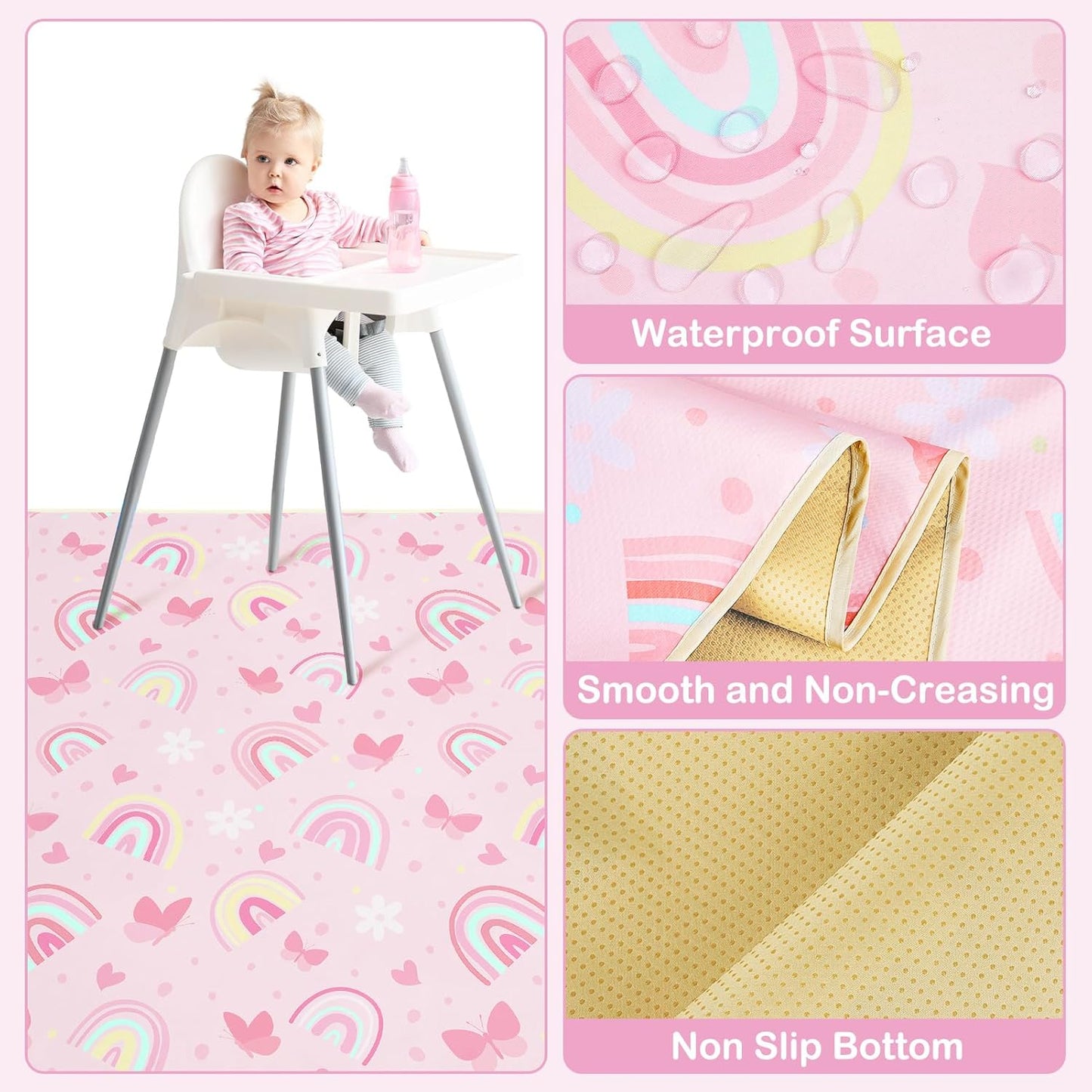 Basumee Splat Mat High Chair Mat Waterproof Baby Play Splat Mat for Under High Chair Food Catcher Highchair Mat for Floor Non Slip Bottom, Pink Rainbow, 46x42 Inches