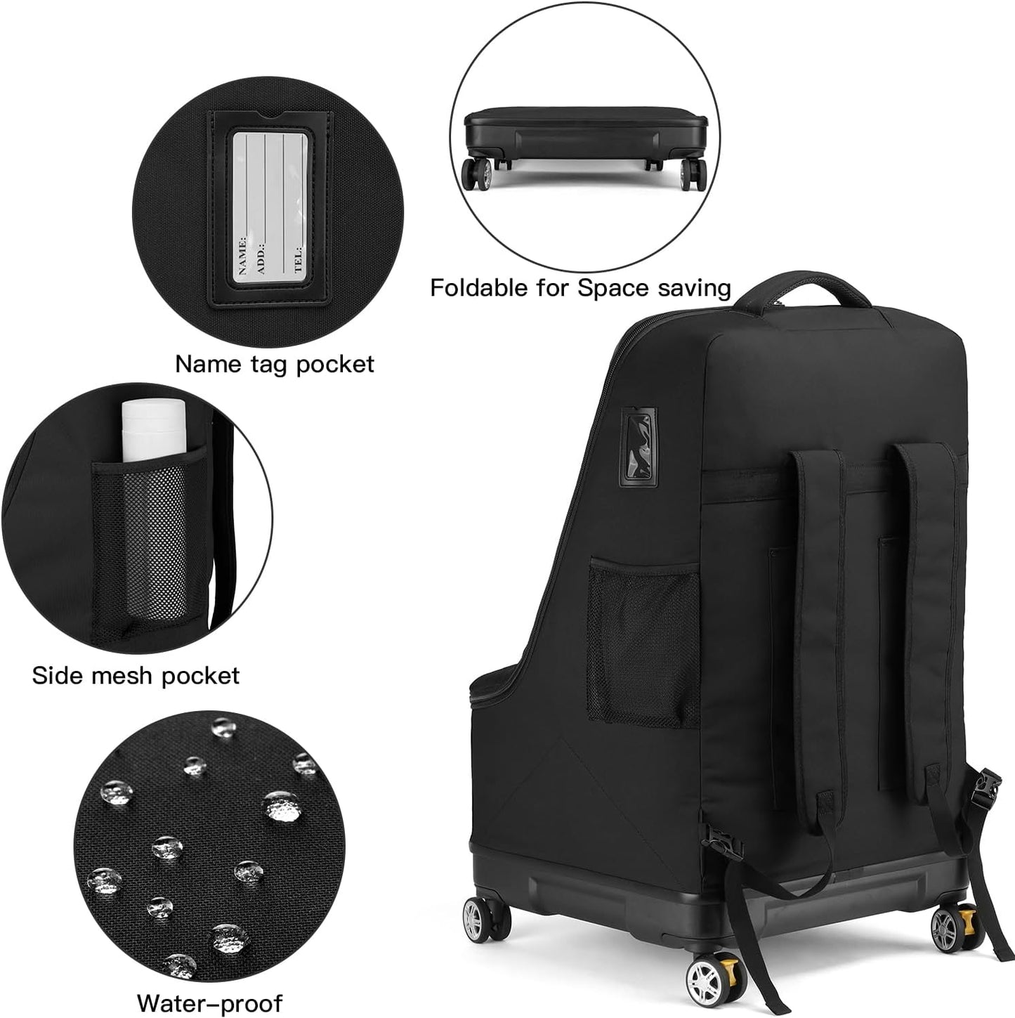 TUGUAN Car Seat Travel Bag for Airplane with Spinner Wheels, Infant Car Seat Bags for Air Travel with Hard Bottom, Padded Car Seat Backpack, Large Car Seat Storage Bag for Airport Check, Brown