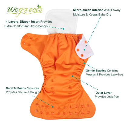 wegreeco Cloth Diapers 6 Pack with 6 Inserts & 1 Wet Bag, Washable Cloth Diapers for Babies, One Size Adjustable Reusable (Flower)