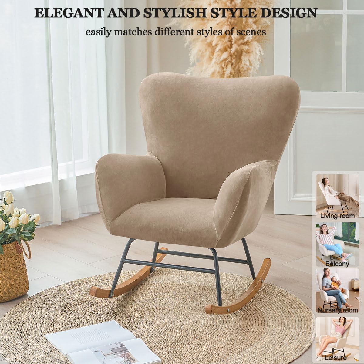 Levoberg Nursery Rocking Chair Cover Velvet Rocker Glider Chairs Cover Slipcovers Stretch Rocking Accent Chair Cover Recliner Armchair Slipcover for Nursery Living Room Bedroom Office Camel