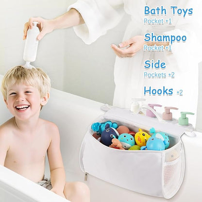 Saddle Shape Bath Toy Organizer, 2 Compartments Wide Opening Mesh Bath Tub Toy Storage for Easy Access to Toys, Side Pockets & Bottom Zipper Design, Quick Drying Toy Holder for Tub (White)