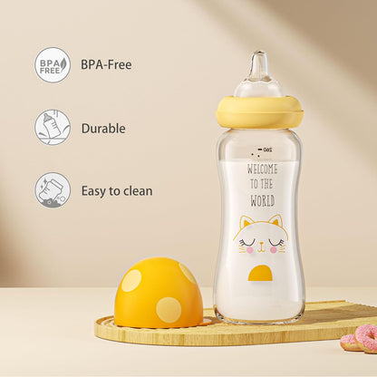 YOHKOH Natural Glass Baby Bottle with Level 1 Slow Flow Nipple, Newborn Anti-Colic Baby Bottles, Wide Neck Mushroom Baby Glass Bottle (Multicolour-A, 3.4oz (Pack of 4))