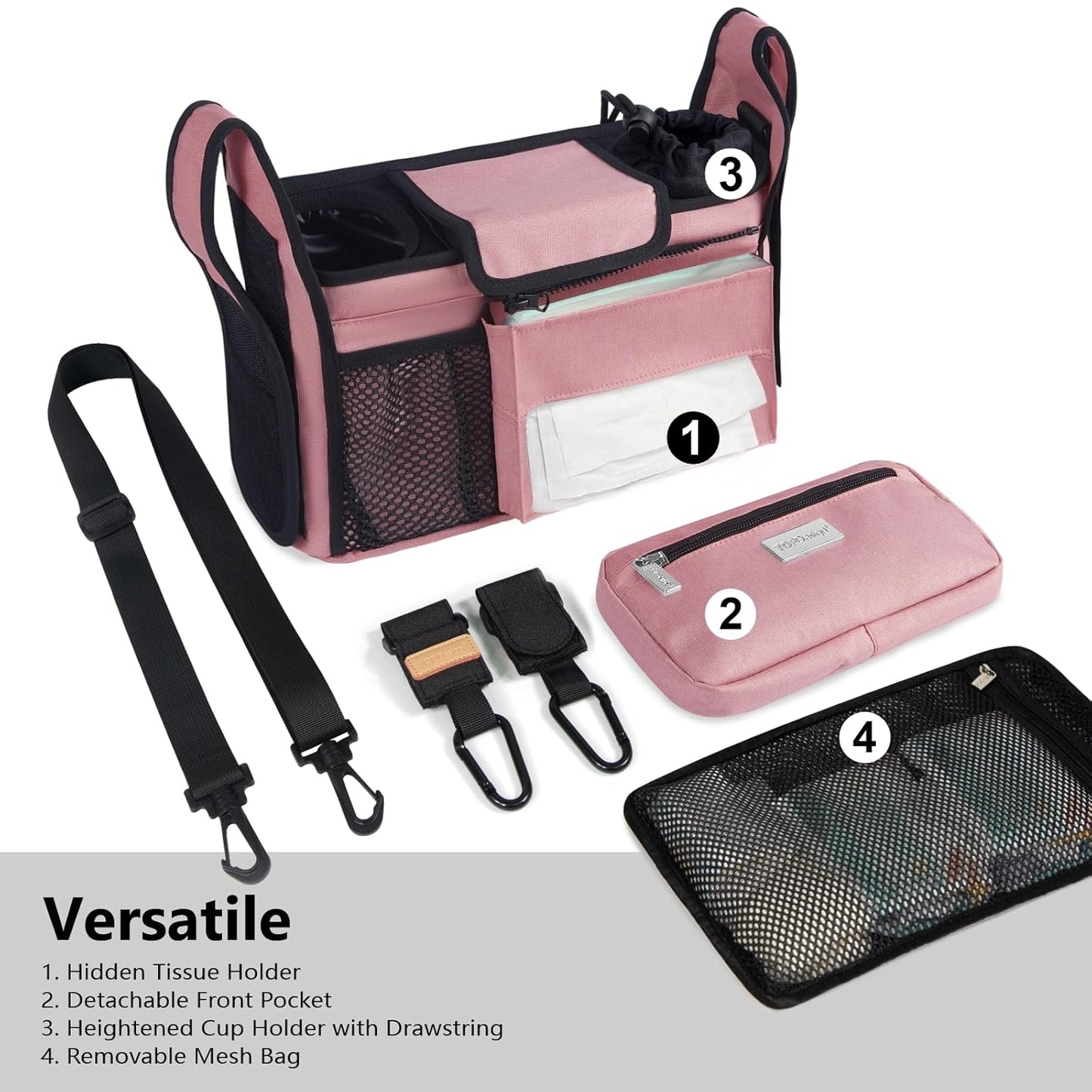 TOPDesign Universal Baby Stroller Organizer, Stroller Caddy with Detachable Mesh Bag & Heightened Insulated Cup Holders & Non-Slip Secure Hooks Accessories, Fits Most Strollers (Checkerboard) - Colors A