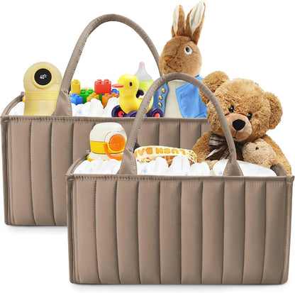 SWEET DOLPHIN 2-Pack Quilted Diaper Caddy Organizer – Premium Puffer Style Nursery Storage Bins – Water-Resistant & Wipeable Changing Table Organizer – Trendy Tote for Home & Car Travel - Mocha Brown