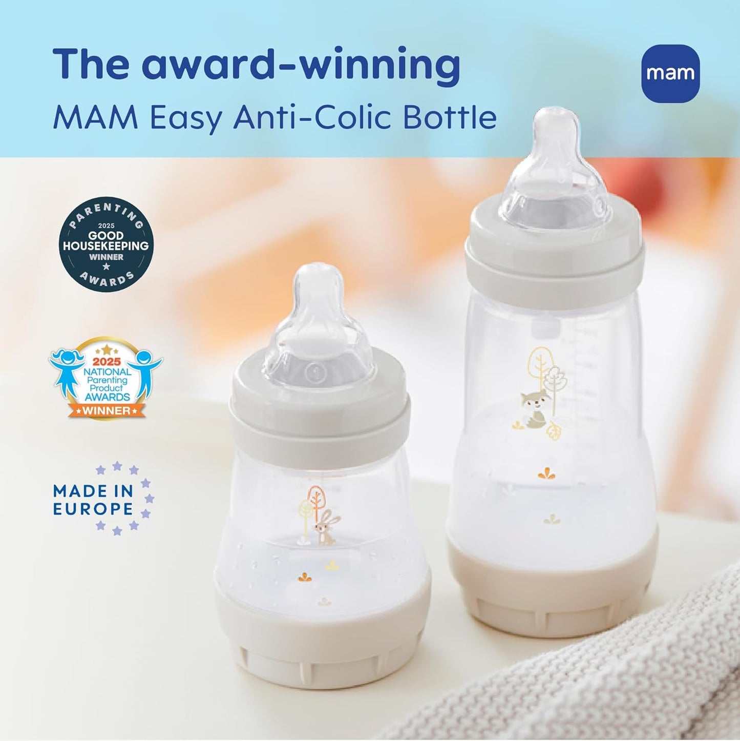 MAM Easy Start Anti-Colic Baby Bottle Starter Set – 4 Self Sterilizing Bottles (5oz & 9oz) + 2 Newborn Pacifiers Breastfed Baby Feeding Gift Set