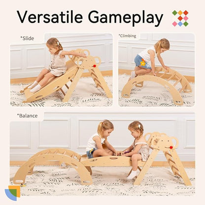 WINGYZ Pikler Triangle Set, Montessori Foldable 8-in-1 Jungle Gym with Reversible Animal Slide, Patent-Protected Climbing Set, Safe 2.35" Gap ASTM F963 Standards for Toddlers 18 Months-7 Years (Teak)