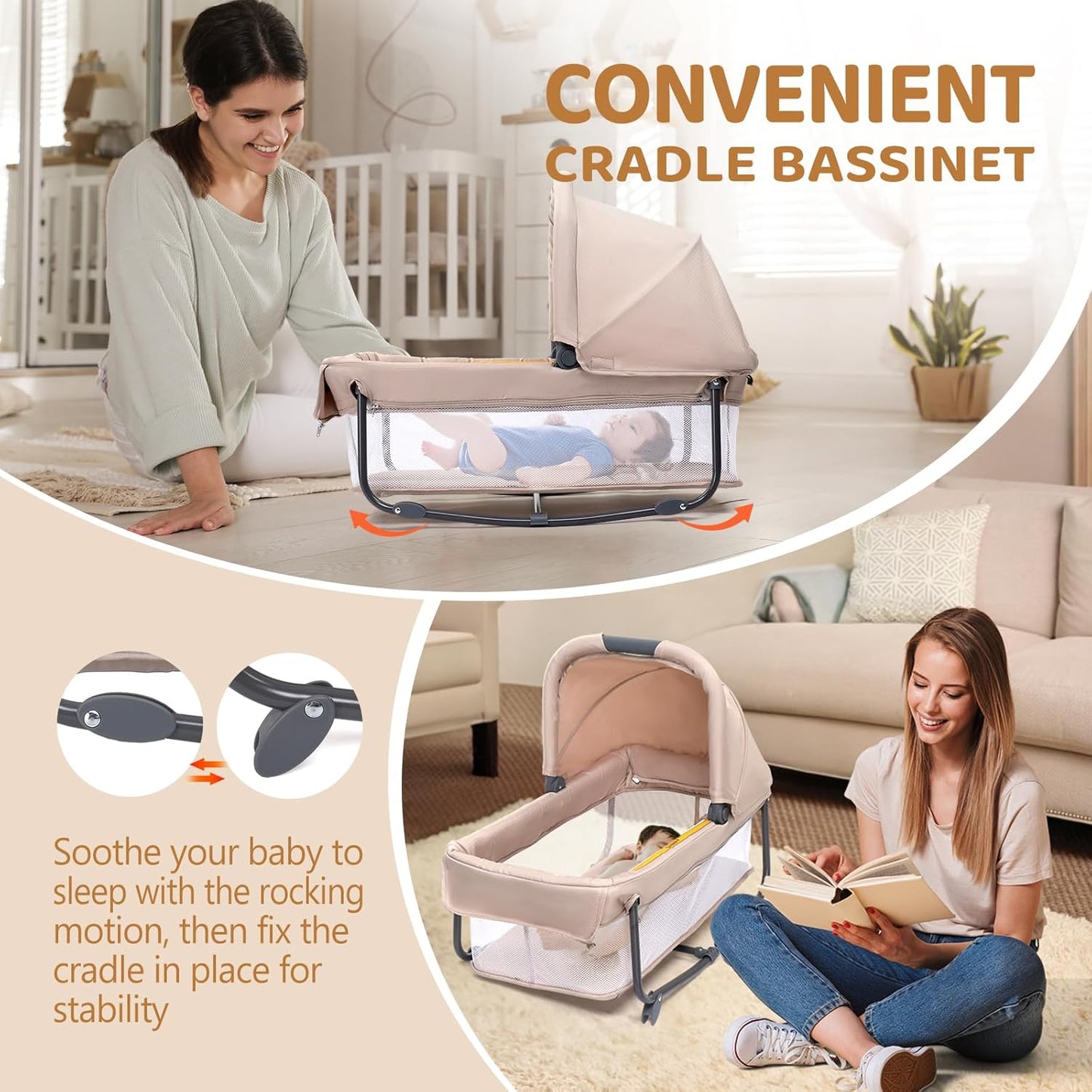 JOYMOR Twin Bassinet for Baby, Beige Bedside Bassinet, Convertible to Bedside Sleeper and Playpen, with Wheel, Brake, Foldable Side Sleeper,Beige