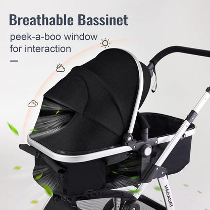 Baby Stroller, 2-in-1 Reversible Toddler Seat with Lie-Flat Mode, Foldable Infant Stroller with Canopy, One Button Brake, Adjustable Handle, Newborn Pushchair (Black B)