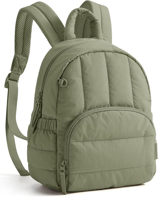 BAGSMART Mini Backpack for Women, Lightweight Puffer Small Backpack Purse, Quilted Casual Travel Daypack, Cute Water-Resistant Bookbag for Daily, Olive Green