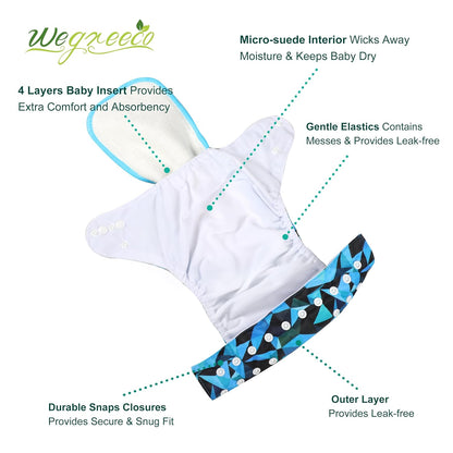 wegreeco Cloth Diapers 6 Pack with 6 Inserts & 1 Wet Bag, Washable Cloth Diapers for Babies, One Size Adjustable Reusable (Flower)