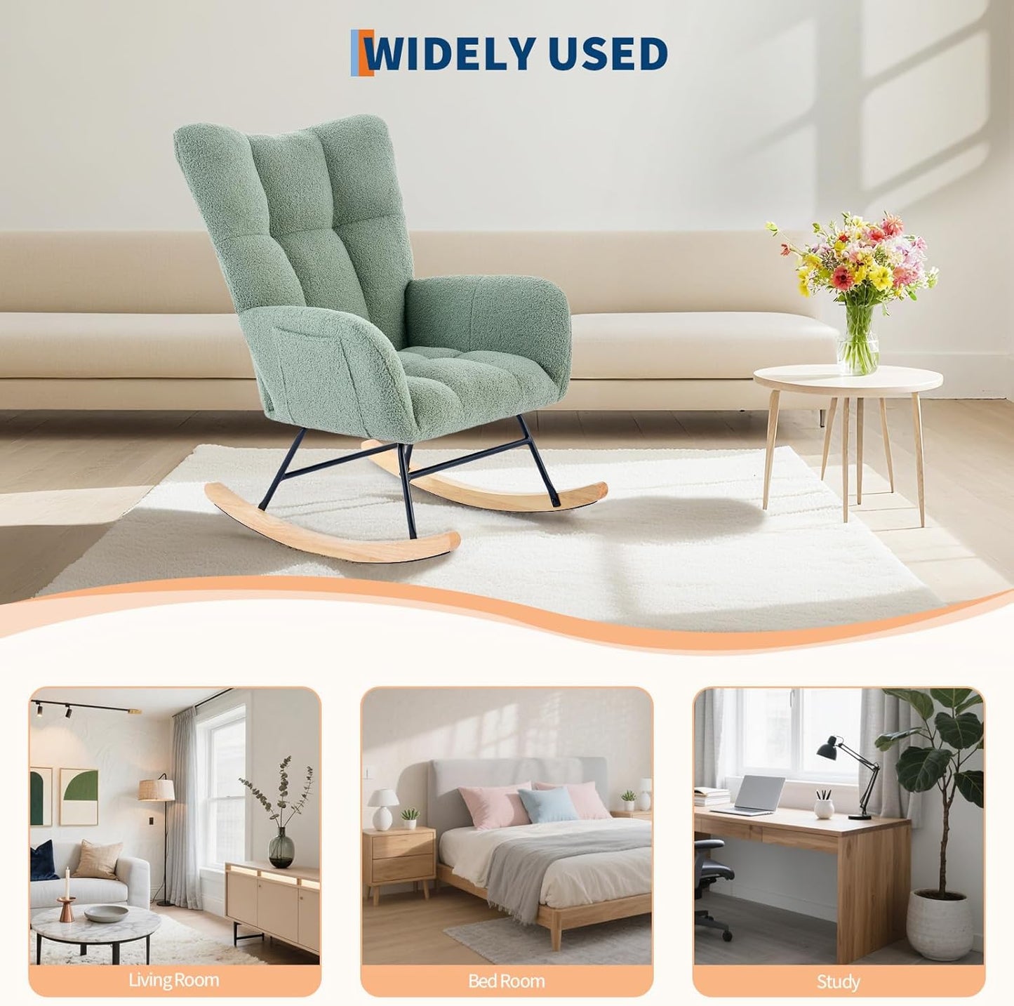 300lb Capacity Nursery Glider Rocker,Teddy Upholstered with Wood Legs for Living Room,Bedroom Nursery Includes Side Pockets