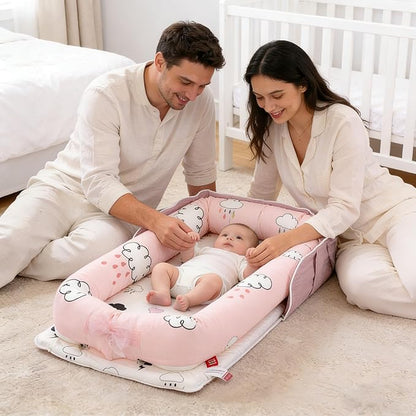 Baby Lounger for Newborns & Infants 0–24 Months, 100% Cotton Breathable Infant Support Cushion with Adjustable Size, Portable Baby Nest for Home and Travel, Baby Shower Gift (Rain Cloud)