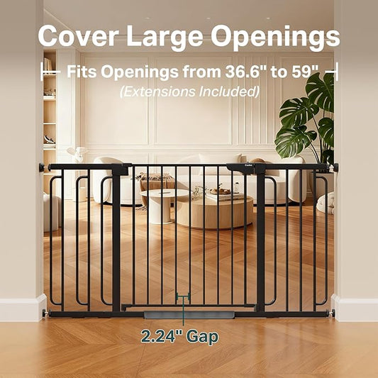 Cumbor 36.6-59" Extra Wide Baby Gate for Stairs, Pressure Mounted Dog Gate for Doorways, Auto-Close Easy Walk Through Safety Child Gate for Kids Toddler, Tall Pet Gates Indoor, Black