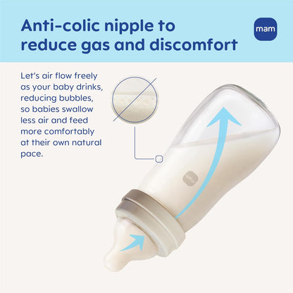 MAM 9oz Feel Good Pure Glass Anti-Colic Wide Neck Baby Bottle, Medium Flow Skin Soft Silicone Nipple, Easy to Clean, BPA Free, 2+ Months, Easy Switch Between Breast & Bottle, Made in Europe, 3 Pack