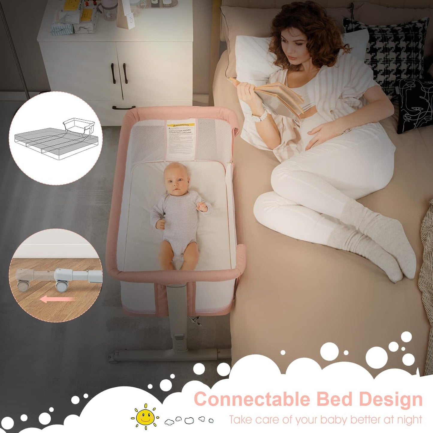 INFANS 3 in 1 Baby Bassinet, Bedside Sleeper for Newborn, Folding Crib with Mattress, Travel Bag, Wheels, 4-Sided Mesh, Easy to Assemble Cradle Co Sleeper Stationary, Rock (Dark Grey)