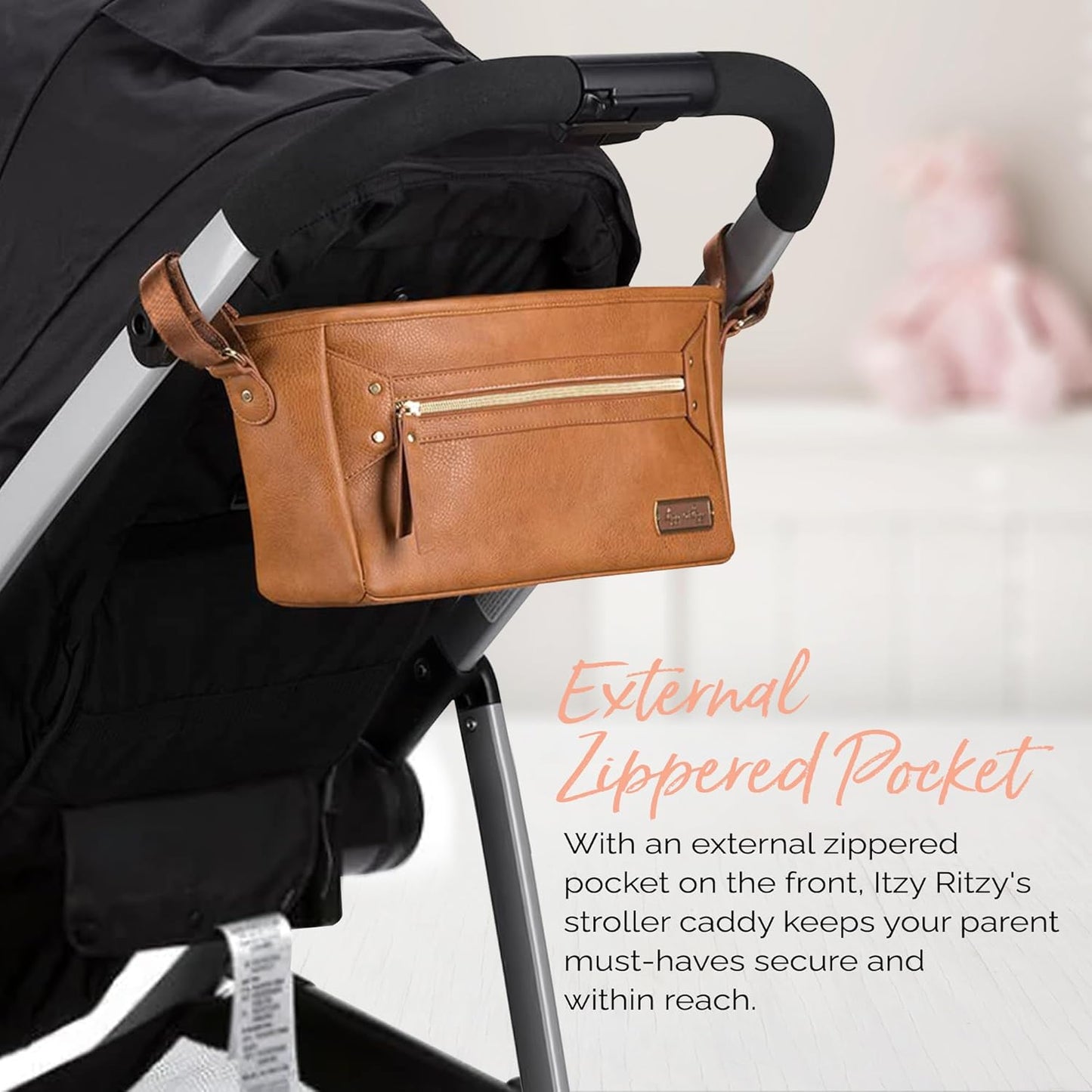 Itzy Ritzy Adjustable Stroller Caddy and Organizer Bag Featuring Front Zippered Pocket, 2 Built-In Interior Pockets & Adjustable Straps to Fit Nearly Any Stroller (Coffee and Cream)