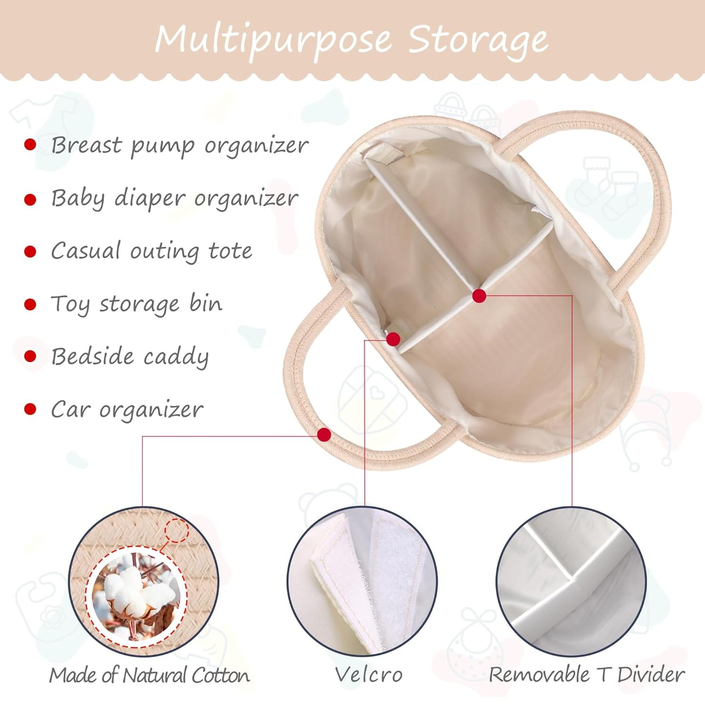 COMSE Baby Diaper Caddy Organizer, Car Caddy, Diaper Change Organizer, Gift Baskets Empty, Portable Tote Bag with Divider, Baby Shower Gifts Newborn Essentials Registry Must Have, Light pink