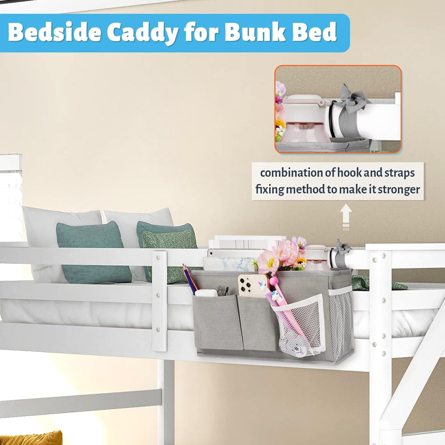 Loghot Bedside Caddy/Bedside Storage Bag Hanging Organizer for Bunk and Hospital Beds,Dorm Rooms Bed Rails,Can be Placed Glasses,Books,Mobile Phones,Keys (White)