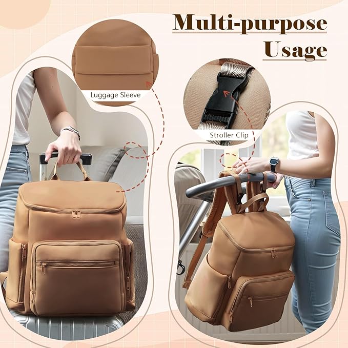 Diaper Bag Backpack, Neoprene Bag Backpack, Large Diaper Backpack with 16 Diaper Bag Organizers, 4 Insulated Pockets, Lighweight Travel Baby Bag with Changing Pad for Mom & Dad, Brown