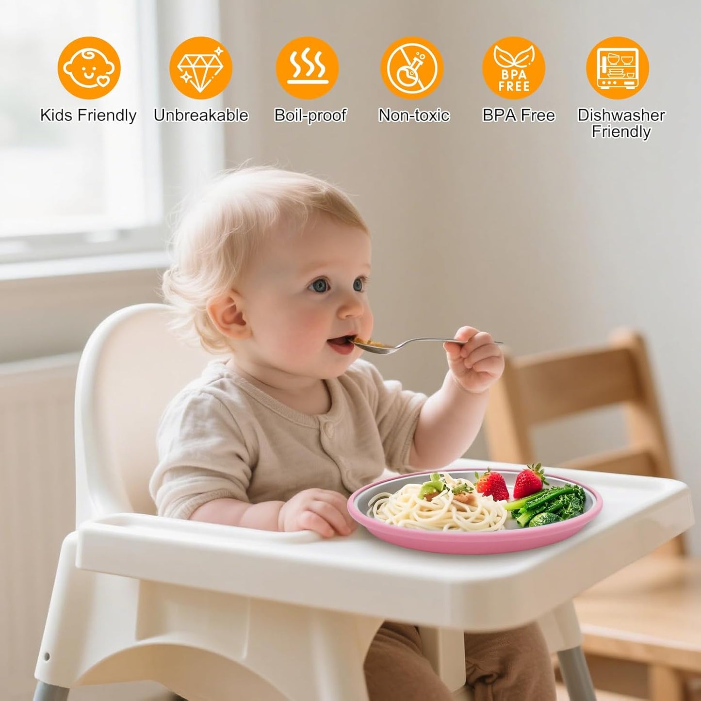Stainless Steel Toddler Plates with Suction, 4 Pack Kids Baby Plates Set with Sturdy Silicone Suction Base Easy to Clean 9 inch
