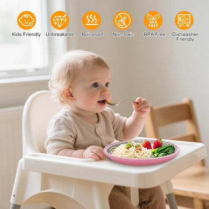Stainless Steel Toddler Plates with Suction, 4 Pack Kids Baby Plates Set with Sturdy Silicone Suction Base Easy to Clean 9 inch
