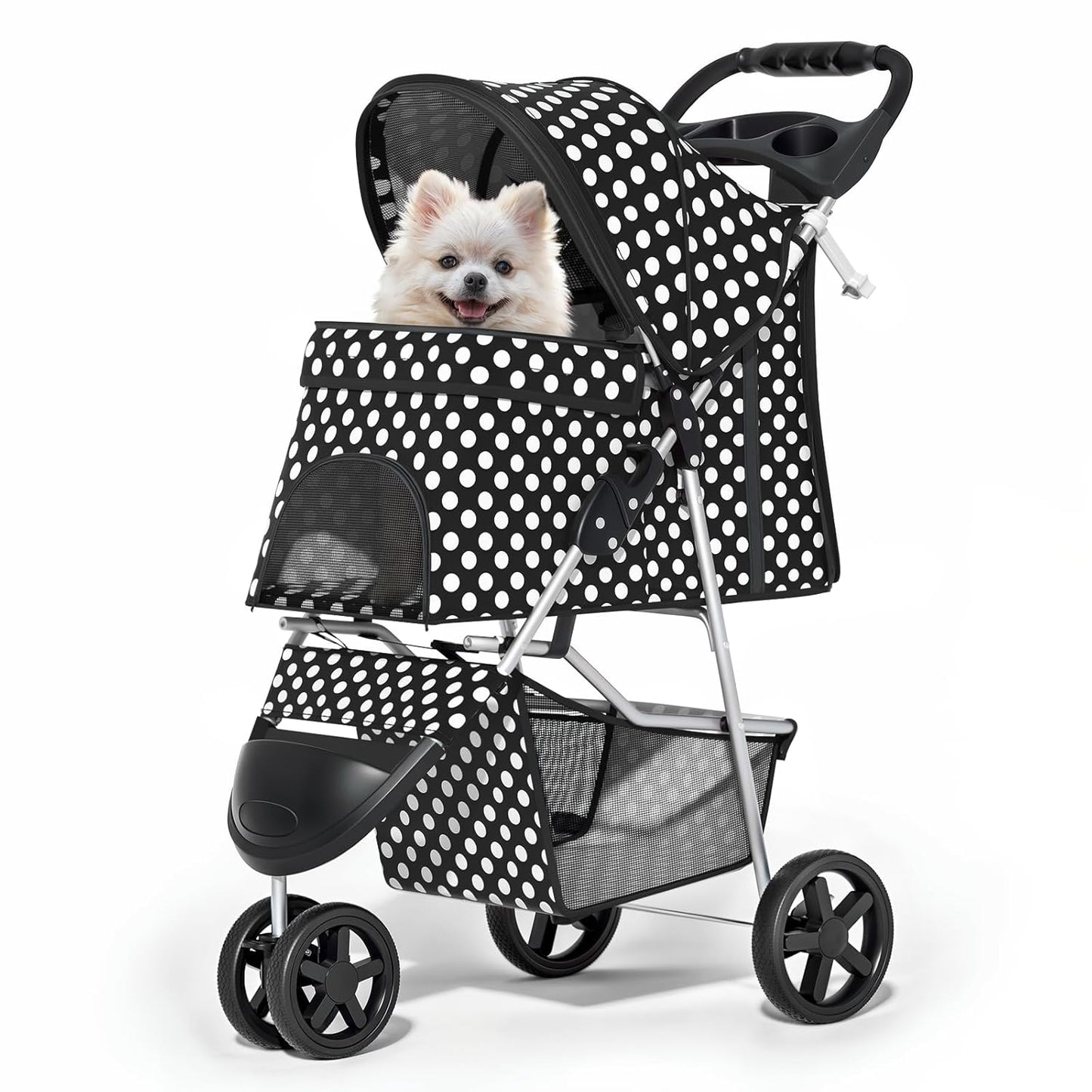 MoNiBloom Foldable Pet Stroller with Weather Cover, 3 Wheels Pet Strolling Cart for Small/Medium Dogs and Cats with Storage Basket and Cup Holder, Breathable and Visible Mesh for All-Season, Black