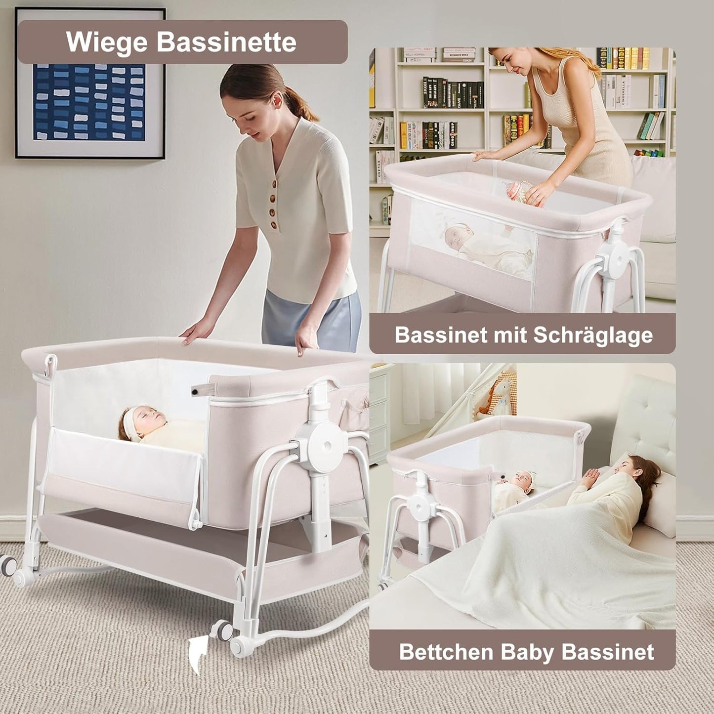 suihuooo 4 in 1 Baby Bassinet Bedside Sleeper, Rocking Baby Crib with Lockable Wheels, Storage, Mosquito Net and Matress Included, 7 Level Adjustable Bedside Bassinet for Baby Newborn (Cream)