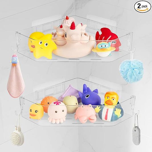 Bath Toy Storage Corner Adhesive Shower Caddy for Baby Bath Toys Bathtub Toy Storage Holder Organizer Large Capacity Acrylic Shower Shelves for Bathroom Babies Bathing Accessories Shelf, 2 Pack